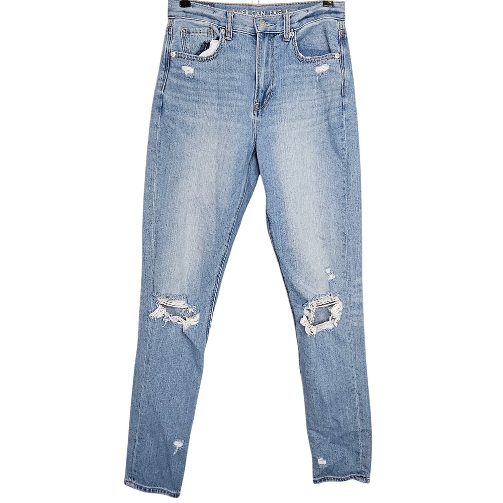 American Eagle Mom Jean Light Wash Distressed High Waisted Denim Blue Sz 2 XLong